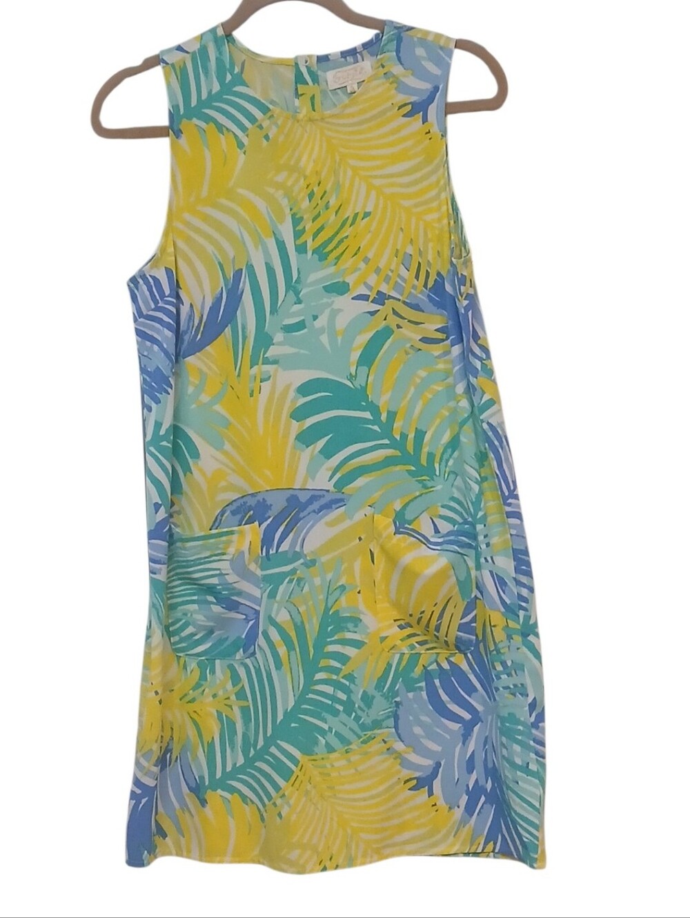 Mud Pie -NWOT Tropical Print Sleeveless Dress Patch Pockets, Neck Snap In Back - Picture 2 of 10